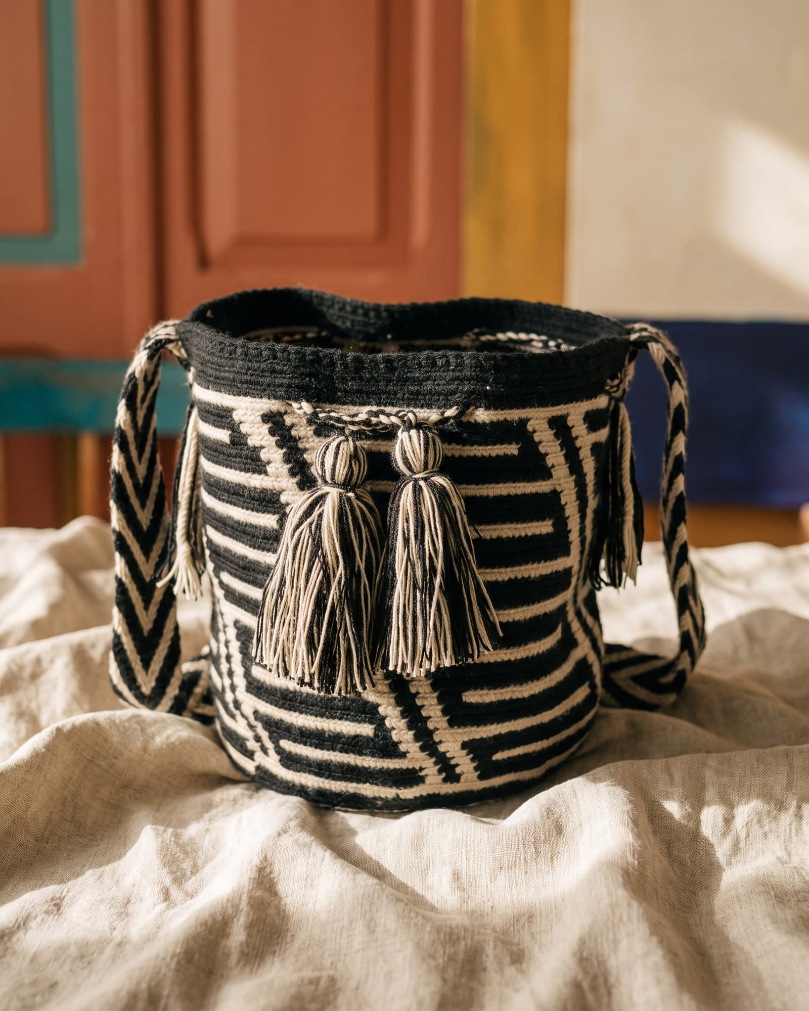 Handgewebte Wayuu-Mochila mit schwarz-elfenbeinfarbenem Labyrinthmuster auf warmem Leinen