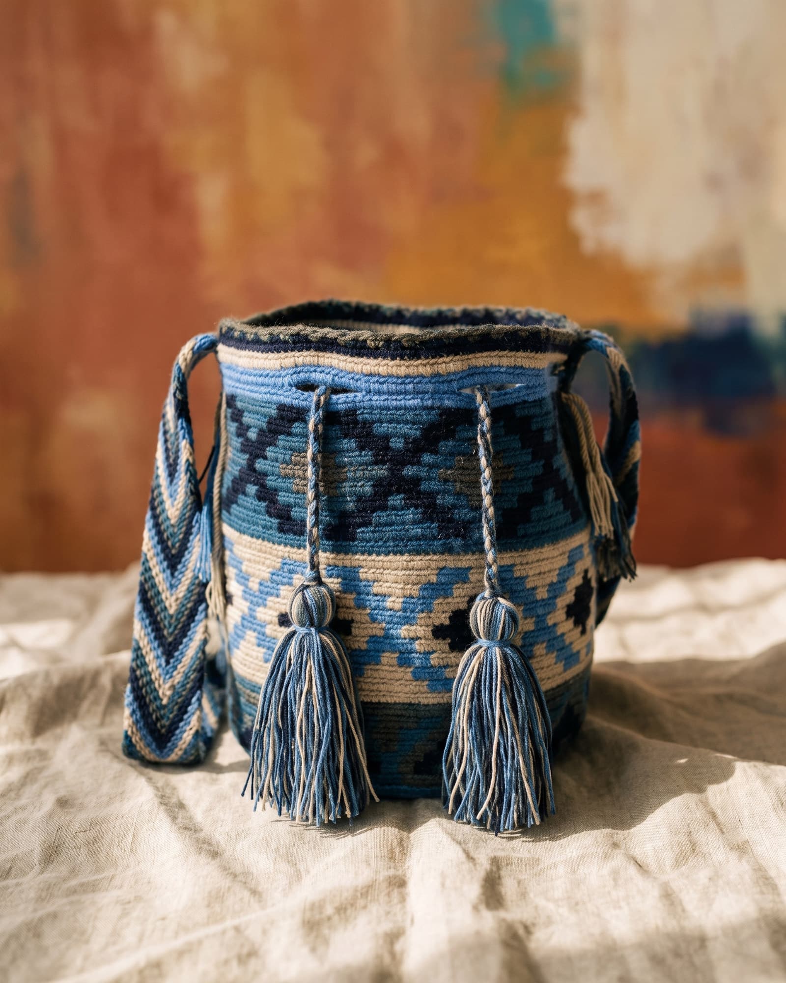 Mochila Rombos in Blau, Marine und Sand, als Stillleben auf Leinen in warmem Tageslicht, mit zwei blau gemischten Quasten.