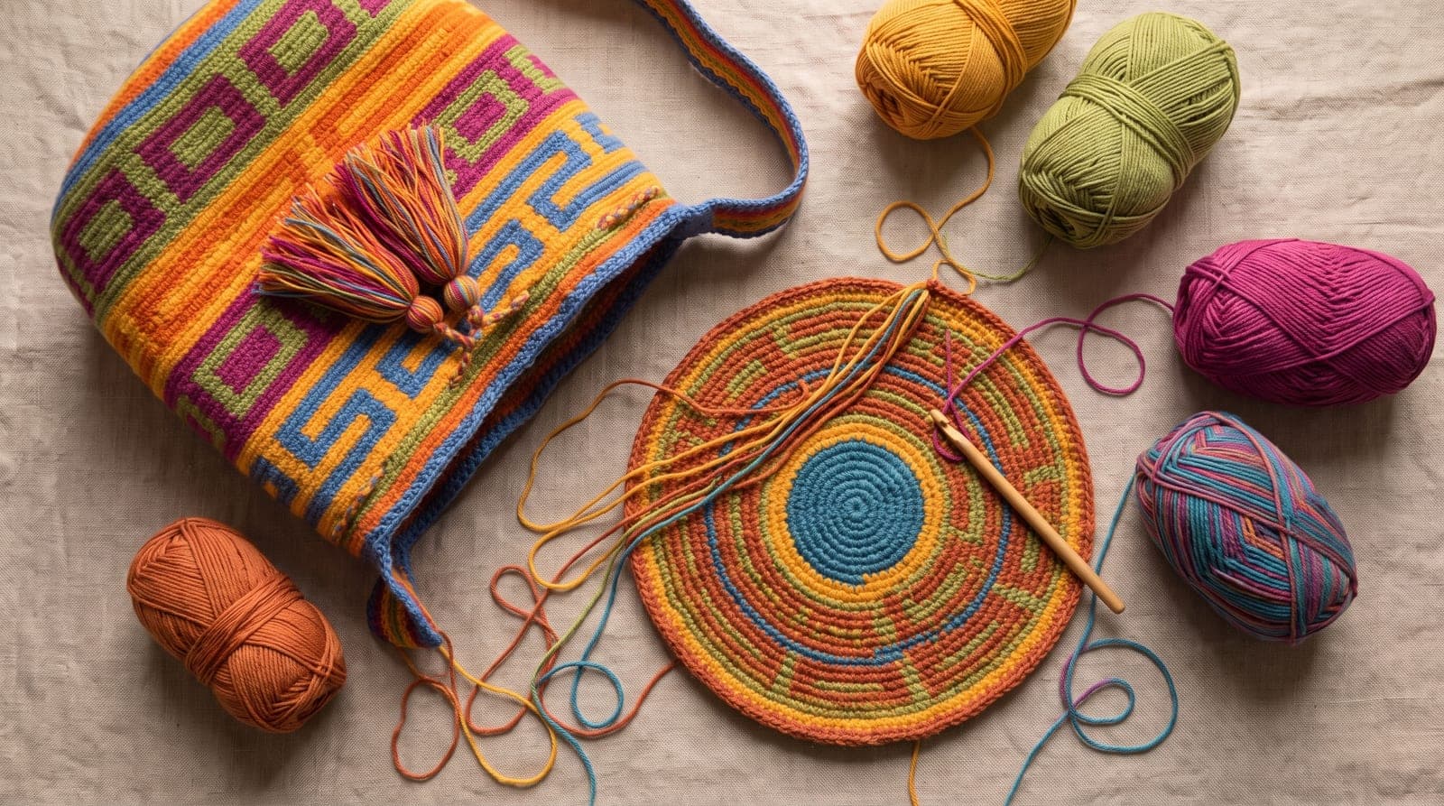 Von oben: eine bunte Mochila, Baumwollknäuel und eine Häkelnadel an einem spiralförmig gehäkelten Boden