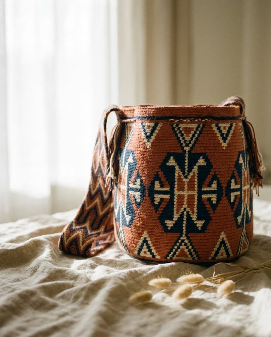 Handgewebte Wayuu-Mochila Guajira in Terrakotta, Indigo und Creme