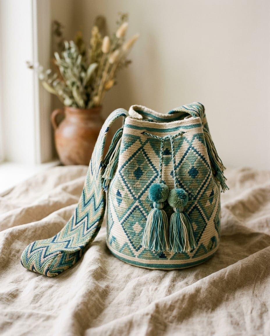 Handgewebte Wayuu-Mochila Palomino in Petrol, Salbei und Sand