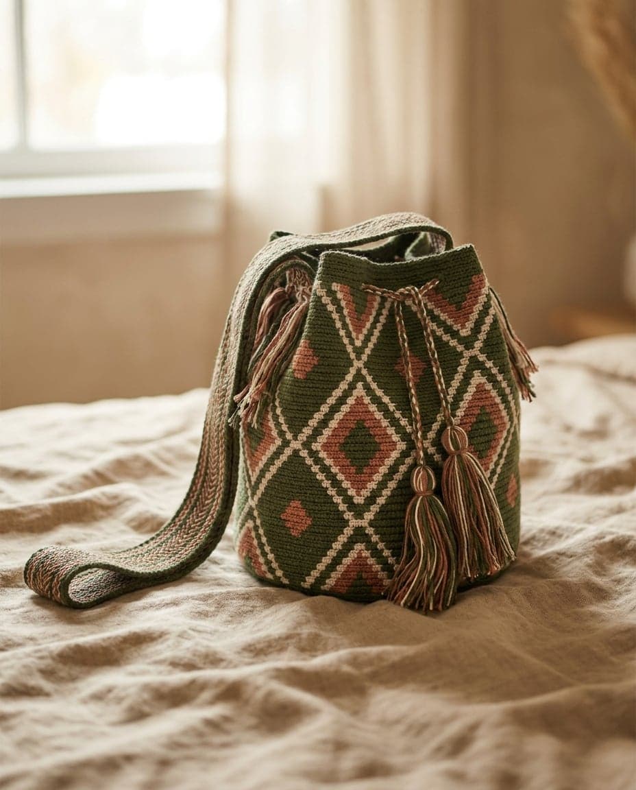 Feine Einzelfaden-Mochila in Moos, Ton und Rohweiß auf Leinen